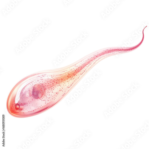 Abstract pink tadpole with glittery particles floating inside creating a whimsical and magical feeling for design projects on transparent background
