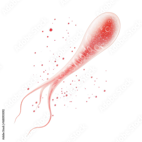 Stylized red microorganism with two tails and surrounding particles suitable for scientific or medical illustrations and designs on transparent background