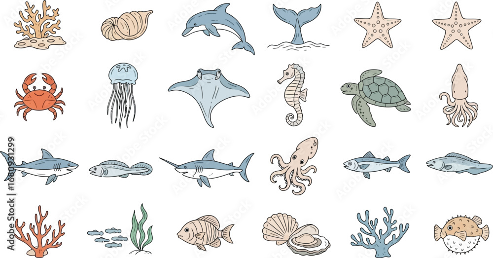 Obraz premium Hand Drawn Set of Various Sea Animals and Marine Life Illustrations.