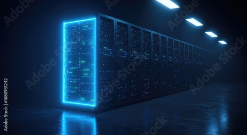 Securely housed advanced server racks glow with vibrant blue neon light in a dark, modern data center, symbolizing powerful digital infrastructure and innovation.