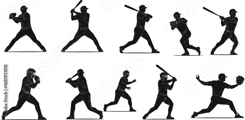 Baseball player silhouette vector set, hitting, pitching, running, catching, batting poses, sports action, team game, athletic motion clipart