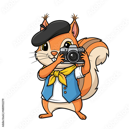 Talented cartoon squirrel photographer in a beret taking pictures with a vintage camera, a professional illustration of a cute forest animal
