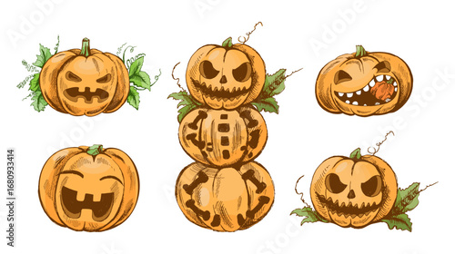 Hand drawn vintage sketch set of halloween pumpkins and jack o lantern faces with spooky expressions isolated vector illustration