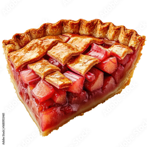 Delicious slice of rhubarb pie with lattice crust showcasing a traditional dessert recipe and homemade baking perfect for food photography and culinary blogs on transparent background