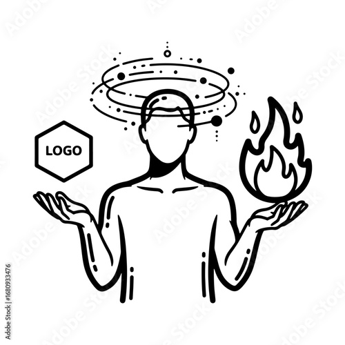 A silhouette of a man holding fire in one hand and the logo symbol in the other, with a rotating energy ring above his head—suitable for use in brand logo concepts, fantasy, and game illustrations.