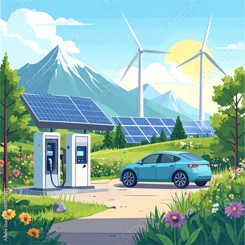 Electric Car Charging at Renewable Energy Station with Solar Panels and Wind Turbines