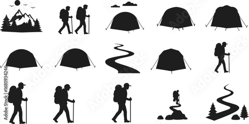 Camping and hiking icons set with backpackers, tents, trails, mountains, outdoor adventure symbols, silhouette style for travel and nature design.