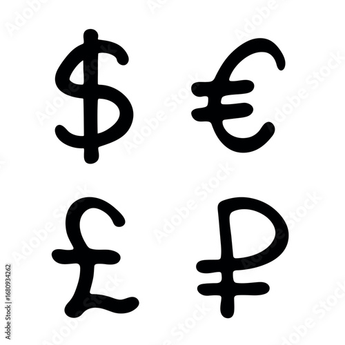 Hand drawn multiple currencies symbol set Dollar euro pound ruble
