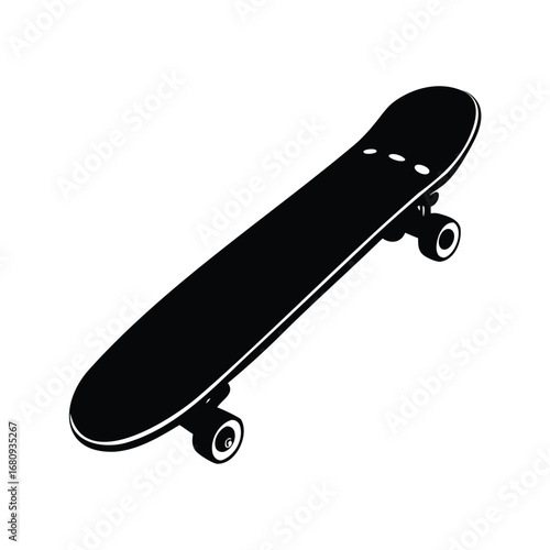 A sleek black skateboard stands poised against a crisp white background image, skateboard silhouette vector illustration