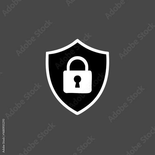 Black and White Vector Cyber Security Shield and Lock Symbol with Technology Circuit Background.
