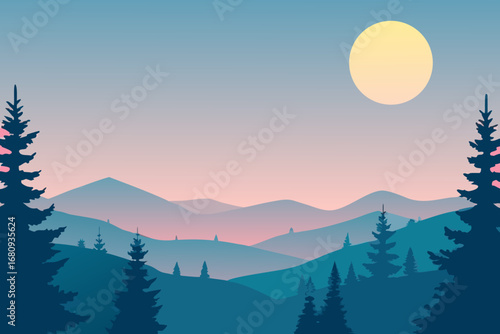 a serene forest landscape under a glowing moonlight sky