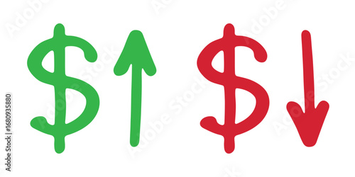 Hand drawn dollar currency symbol Growth and fall profit with arrow up and down Brush stroke doodle Element for design