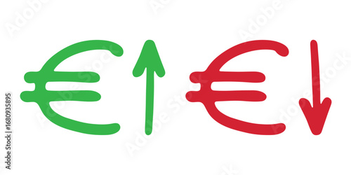 Hand drawn euro currency symbol Growth and fall profit with arrow up and down Brush stroke doodle Element for design