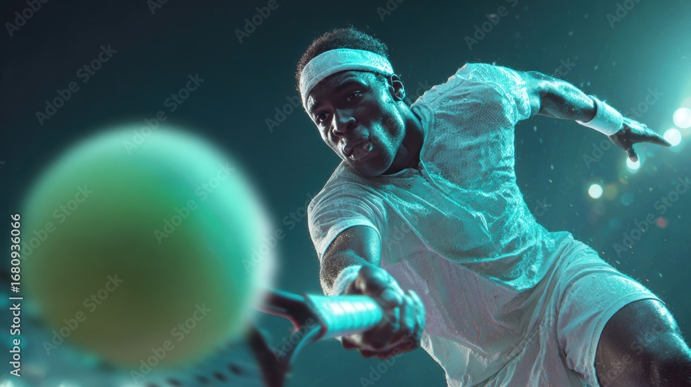 Fototapeta premium Focused padel player stretches forward to hit the ball under dramatic lighting during a fast paced night match.