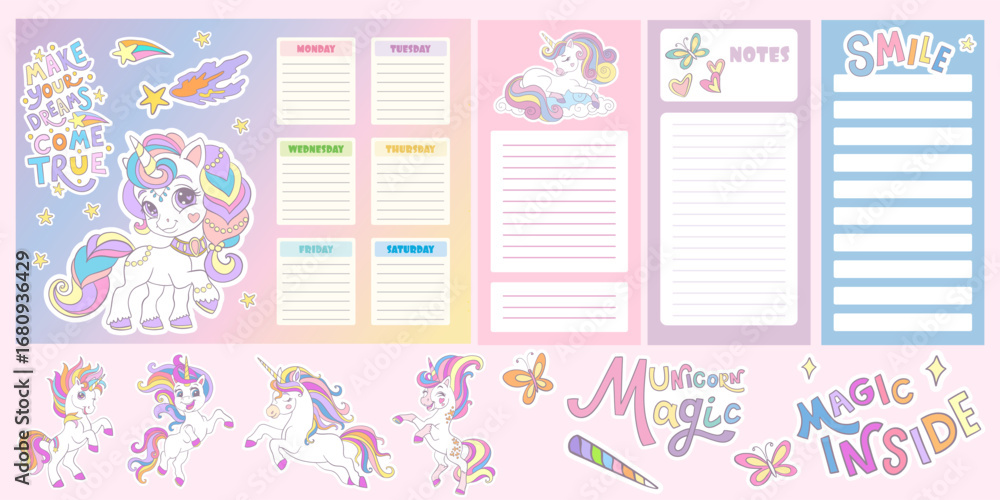 Obraz premium Cute cartoon unicorns weekly planners and note pages vector set