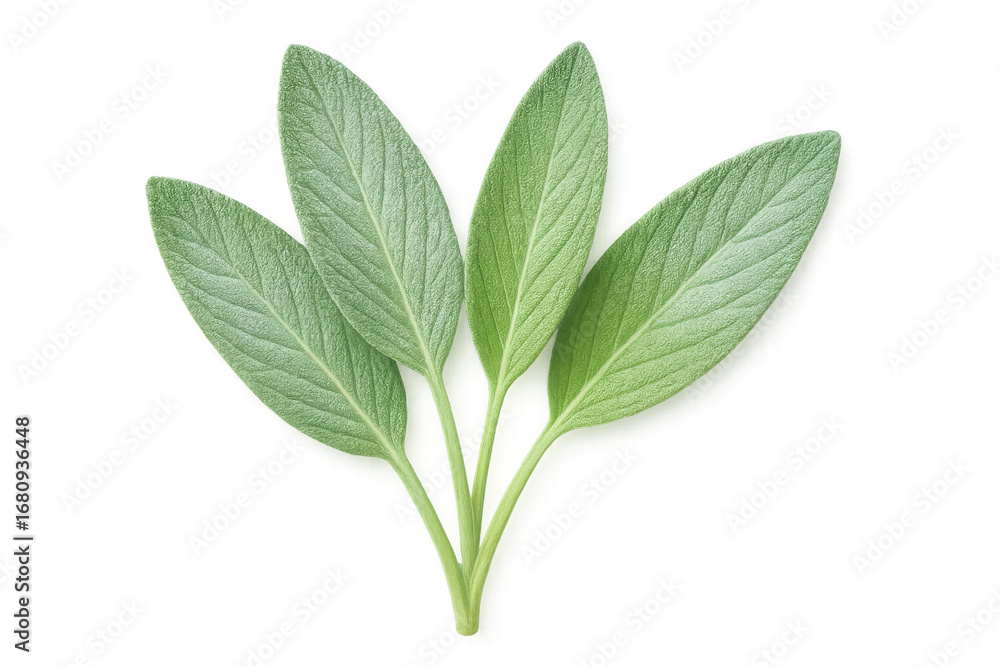 Fototapeta premium Sprig of fresh green sage leaves isolated on a transparent background, ideal for food and beverage projects