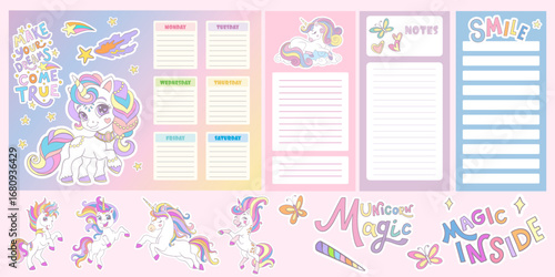 Cute cartoon unicorns weekly planners and note pages vector set