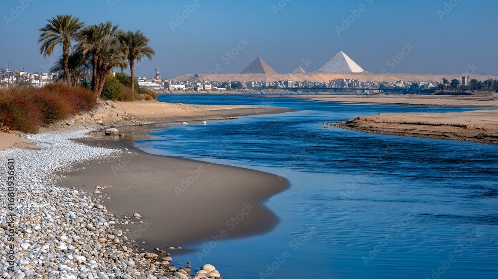 Obraz premium Serene riverbank view, pyramids in distance