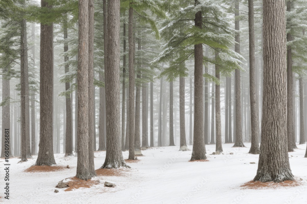 Naklejka premium Snowy forest scene with tall, straight trees