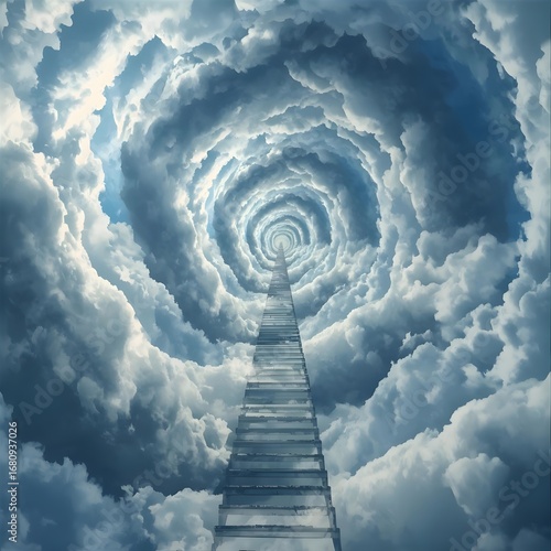 stairway to heaven, “Endless spiral staircase made of clouds, surreal abstract dreamscape background”