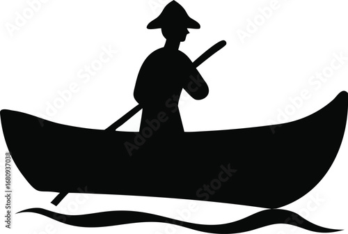 Silhouette of a person wearing a conical hat paddling a canoe on water silhouette