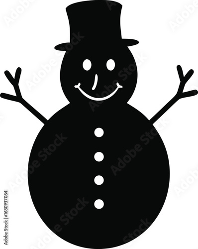 Joyful black silhouette snowman with top hat and buttoned body celebrating winter season cheerful holiday spirit silhouette