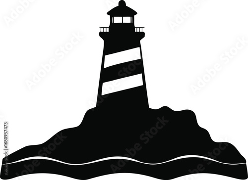 Striking black silhouette of a coastal lighthouse perched on rocky shoreline with wave detail silhouette