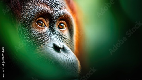 A captivating close-up portrait of an orangutan, gazing with thoughtful eyes in its habitat.