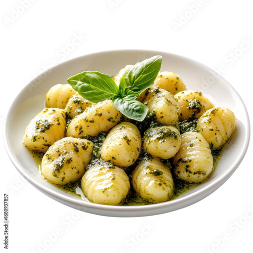Delicious gnocchi with pesto sauce served in a white bowl garnished with fresh basil leaves a culinary delight for food lovers on transparent background