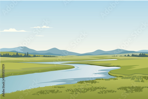 a serene landscape with flowing river surrounded by lush green fields