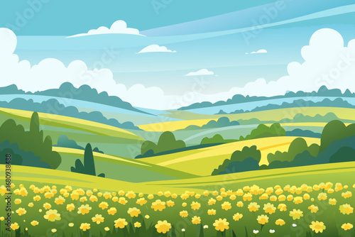 a serene landscape with rolling hills vibrant flowers and fluffy clouds
