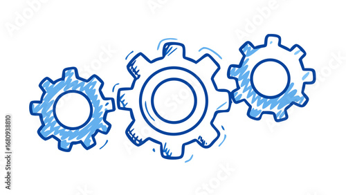 Blue gears interlocking doodle illustration