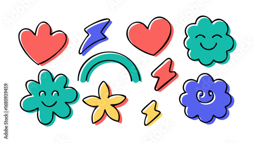 Cheerful cartoon shapes hearts lightning bolts and clouds