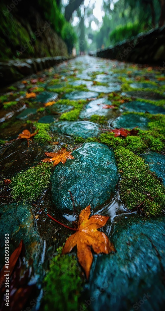 Obraz premium Rainy stone path, autumn leaves