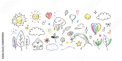 Cheerful doodle elements with sun and house trees clouds