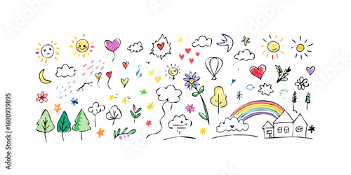 Cheerful doodle elements with suns hearts and trees