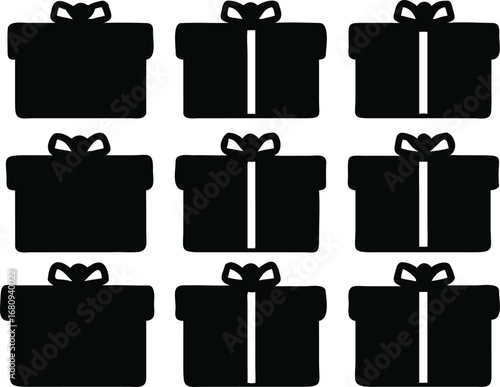Collection of twelve stylized black gift boxes with ribbons and bows ready for celebration silhouette