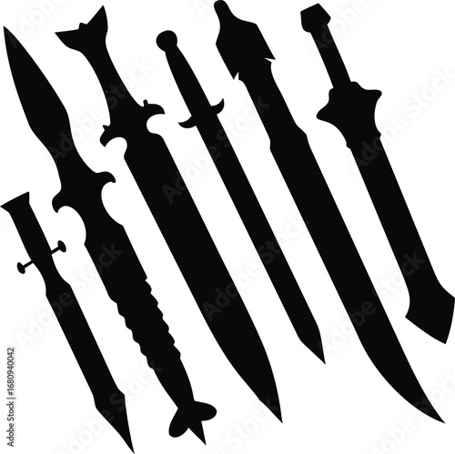 Collection of stylized swords and blades featuring diverse designs for fantasy and historical applications silhouette