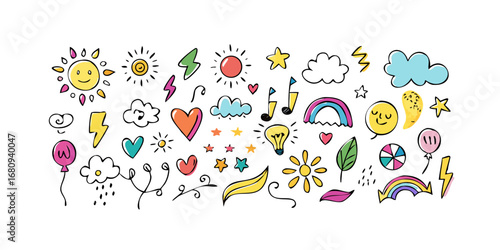 Cheerful doodle icons with playful elements vector