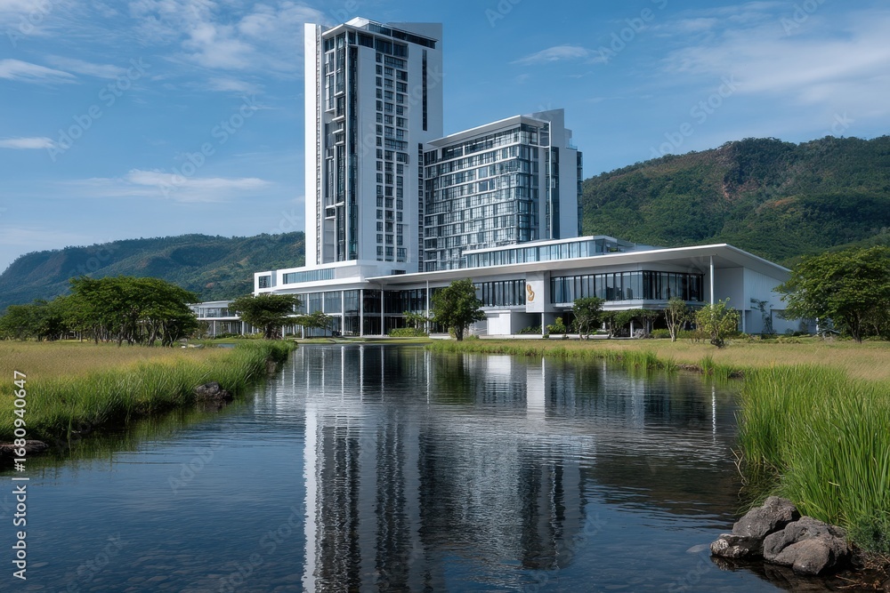 Fototapeta premium Modern hospital building with scenic nature and reflection in a tranquil pond