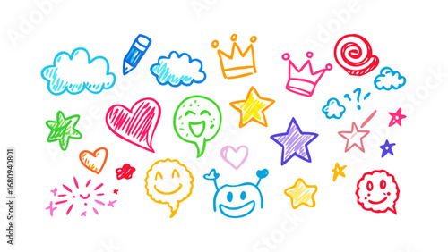 Colorful crayon doodles of fun objects and characters