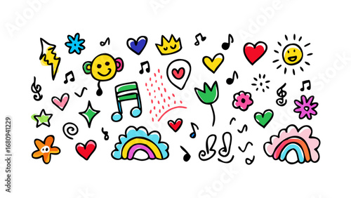 Colorful doodle icons with playful elements hand drawn