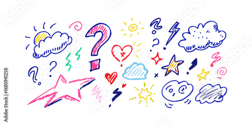 Colorful doodle icons with question marks and stars