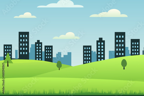city skyline with green hills under blue sky