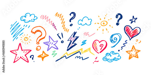 Colorful hand drawn doodles on white background isolated