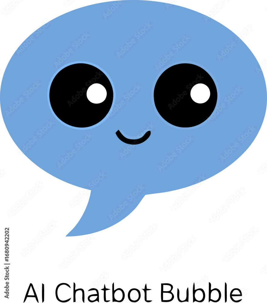 Fototapeta premium Cute blue chat bubble mascot with large eyes and a smile representing an engaging AI chatbot conversation isolated on white.