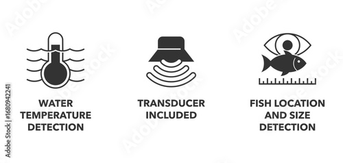 Fishfinder sonar monochrome icons set of 3 for labeling 