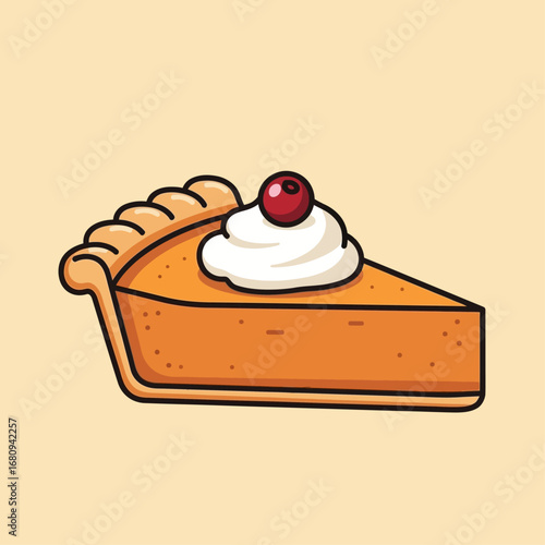 Cartoon slice of pumpkin pie with whipped cream and cranberry.