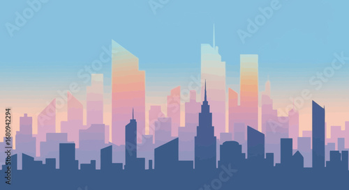 A serene urban landscape featuring a silhouette of a modern city skyline with skyscrapers against a beautiful pastel gradient sunset sky