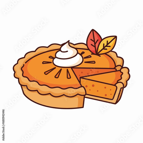 A cartoon illustration of a pumpkin pie with a slice cut out, topped with whipped cream and fall leaves.